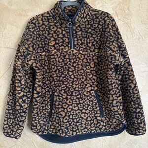 Time and Tru Women's Leopard Sherpa Pullover - Black & Tan Half Zip